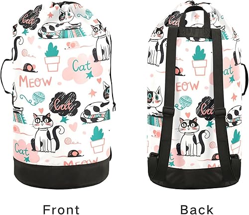 Miniatura 4 de Animales Palabras Gato Nylon Bolsa de lavandería de viaje para equipaje sucio resistente organizador de ropa sucia con cierre de cordón y correas