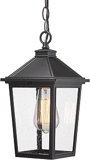 Outdoor Pendant Lights, HWH Farmhouse Exterior Hanging Porch Light, Outside Hanging Lantern with Height Adjustable Chain, Matte Black Finish with Seeded Glass, 5HX64H BK