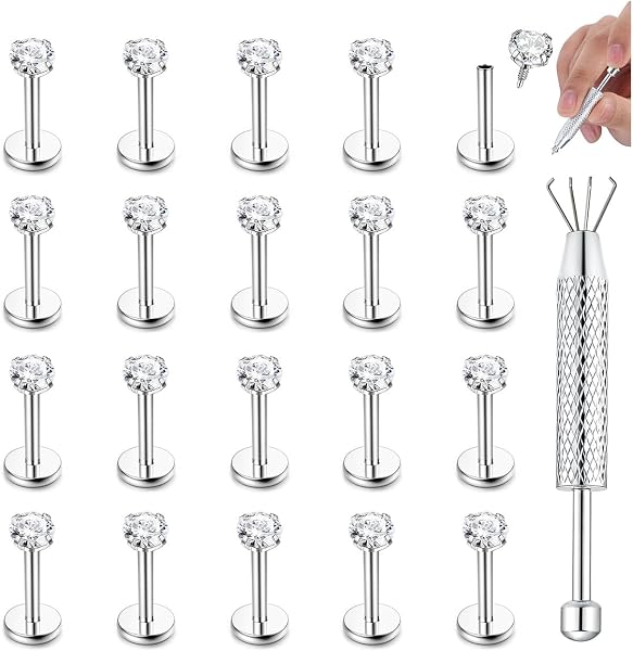 CASSIECA 20Pcs 16G Piercing Labret Levre Piercing Tragus Acier Inoxydable Piercing Oreille Piercing Helix Piercing Conch Percing au Nez Chirurgical avec 3mm CZ Piercing Bijoux Piercing 6/8/10mm - 1