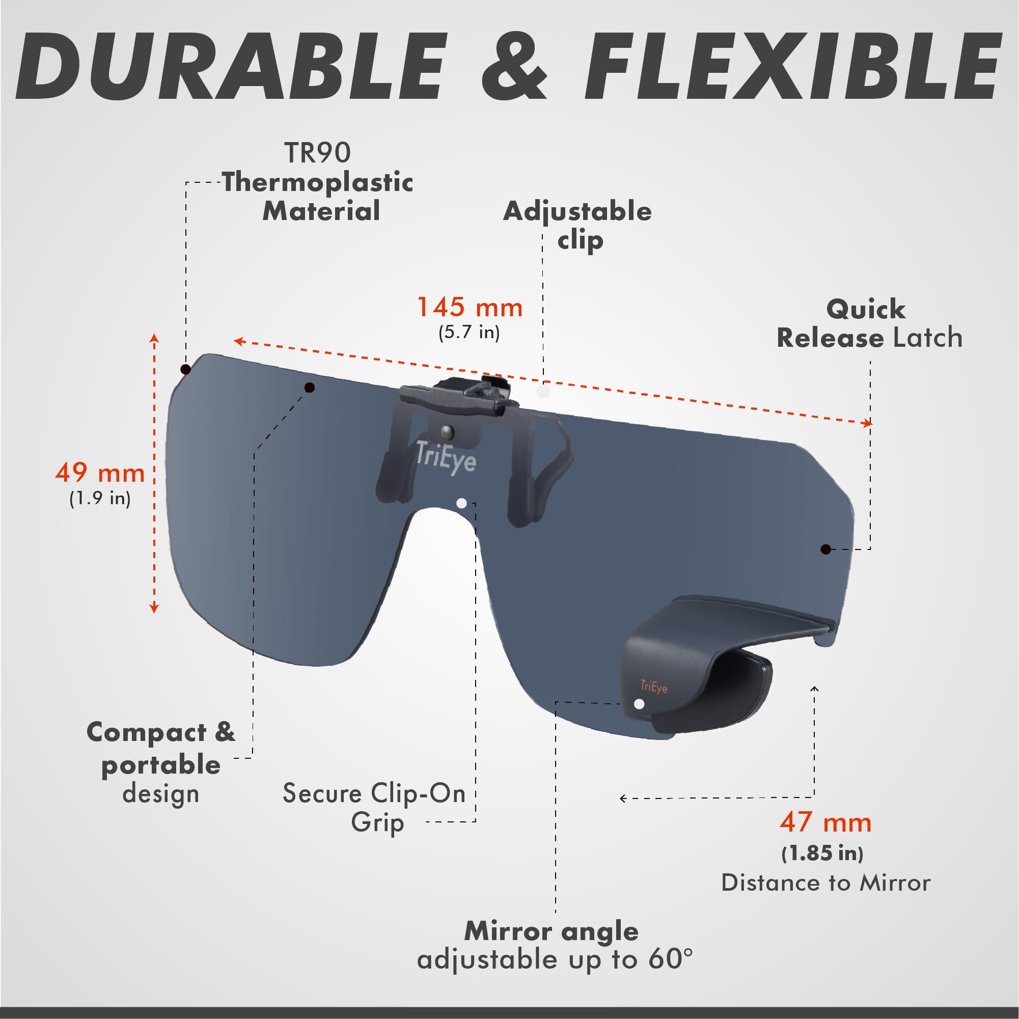 TriEye Clip-On Okulary Przeciwsłoneczne z Lusterkiem Lewym – Okulary Nakładane dla Osób z Okularami – 140/145 mm – Szkła Przezroczyste lub Dymione