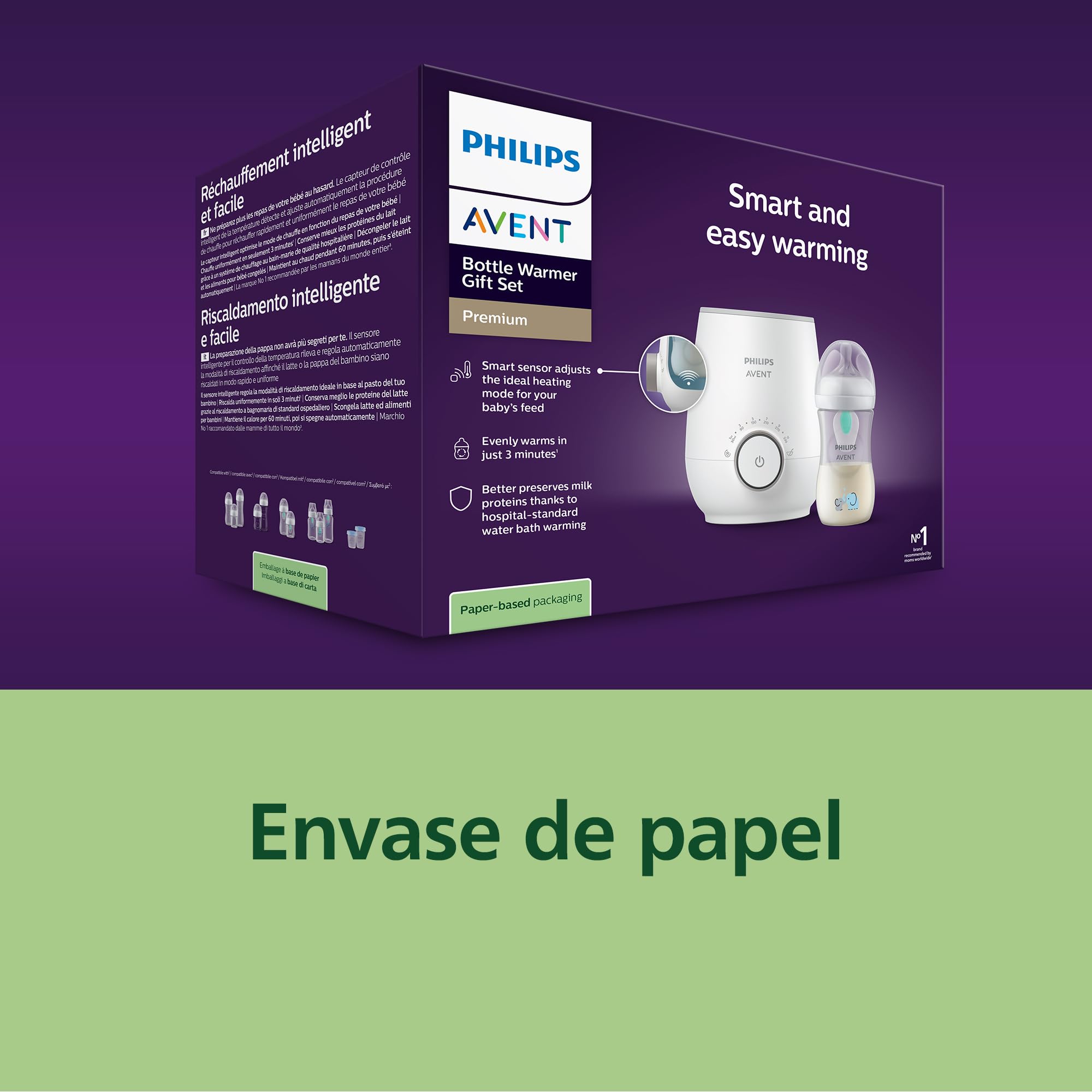 Philips Avent Pack regalo calientabiberones - Calientabiberones Premium y biberón Natural Response, control de temperatura, calienta uniformemente, apagado automático, descongelación suave, SCF358/10