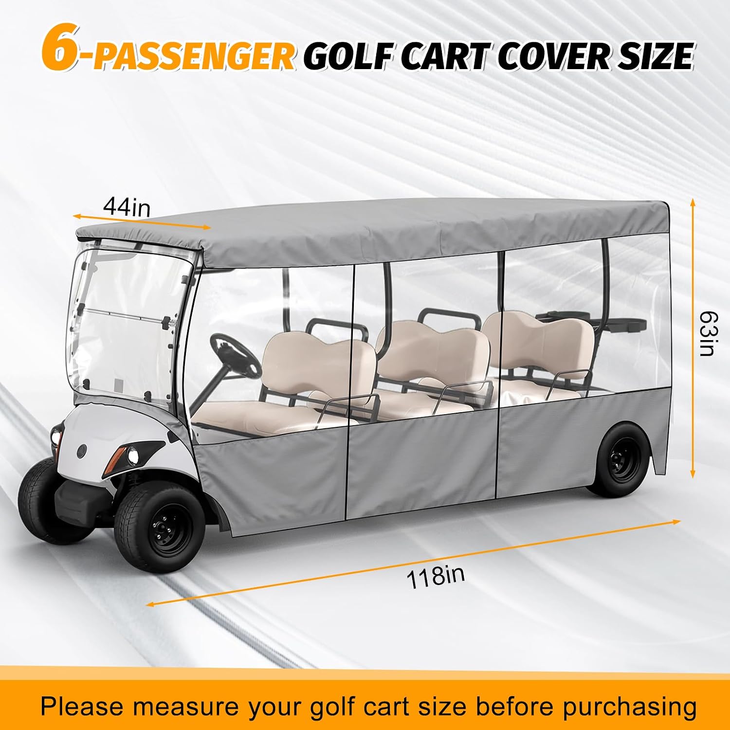 6 Passenger Golf Cart Enclosure Cover, Golf Cart Limo Cover 420D Waterproof Transparent with Heavy Duty Zipper, 118" L x 63" W x 44" H