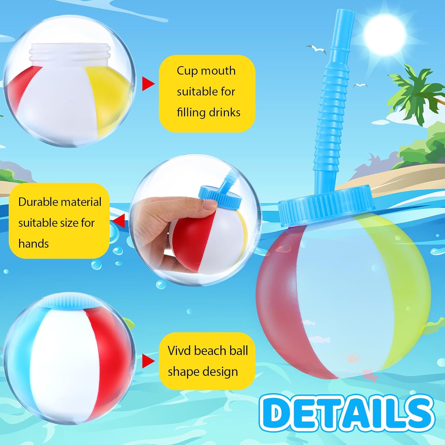 24 Pcs 10 oz Summer Beach Ball Cups with Straws and Lids, Beach Theme Pool Party Cups Bulk Plasic Beach Cups for Summer Theme Party Favor Hawaiian Luau Party and Kids Pool Party Birthday Decorations