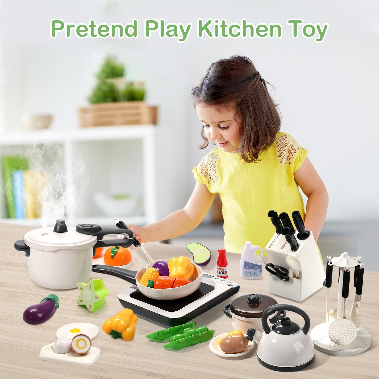 CUTE STONE Pretend Play Kitchen Toy with Cookware Steam Pressure Pot and Electronic Induction Cooktop, Cooking Utensils, Toy Cutlery, Cut Play Food, Shopping Basket Learning Toy for Girls Boys - Image 7