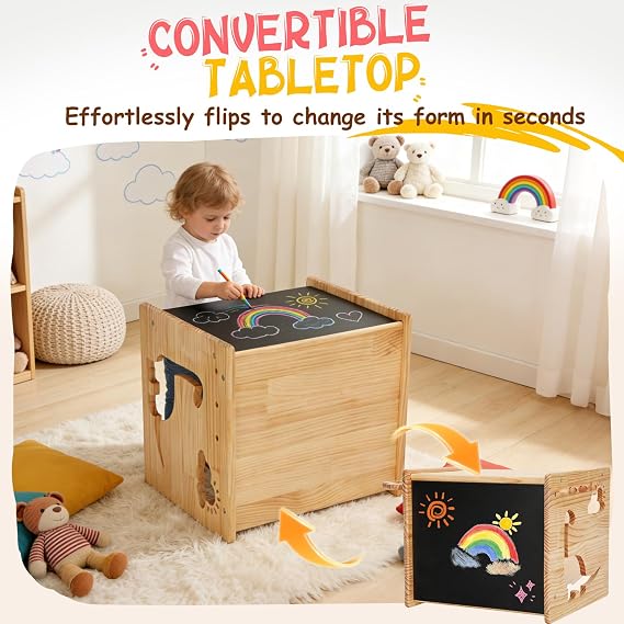 Montessori Weaning Table and Chair Set for Toddlers Age 1-3,with Blackboard | Flip Stool to Adjust Height,Storage Hooks,Puzzle Storage Boards, Natural Wood,CPC Certification,for Dining,Painting,Reading