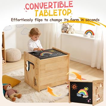 Montessori Weaning Table and Chair Set for Toddlers Age 1-3,with Blackboard | Flip Stool to Adjust Height,Storage Hooks,Puzzle Storage Boards, Natural Wood,CPC Certification,for Dining,Painting,Reading
