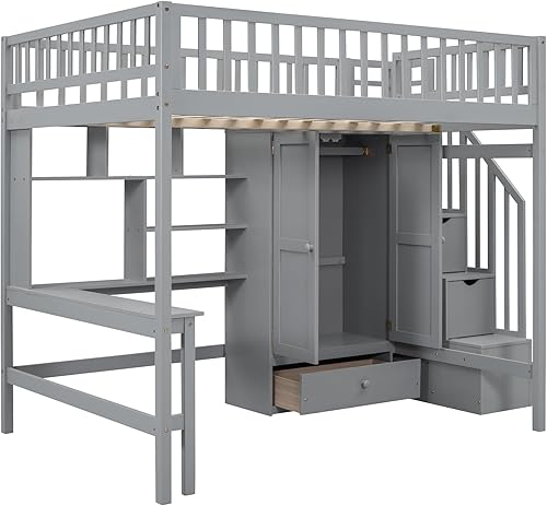 Miniatura 150 de Cama alta funcional tamaño individual con 2 cajones y 2 armarios, base de cama de madera maciza con barandilla de seguridad y escalera de