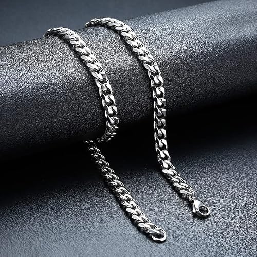 Uttmo Layard Curb Chain Stainless Steel Pendant Choker Necklace For Men, White Gold Plated Geometric Popcorn Chain Necklace Set For Men Son Boy Gift 17.7Inch #TOP2