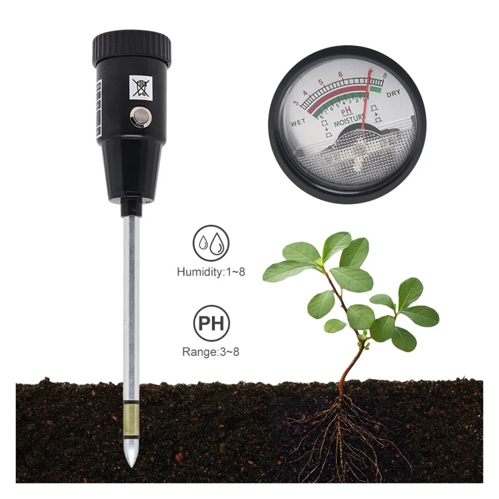 Probador De PH Del Suelo Portátil, Medidor De PH Y Humedad For Jardín Con Sonda De Metal De 295mm De Largo, Kit De Herramientas De Prueba De Suelo Impermeable