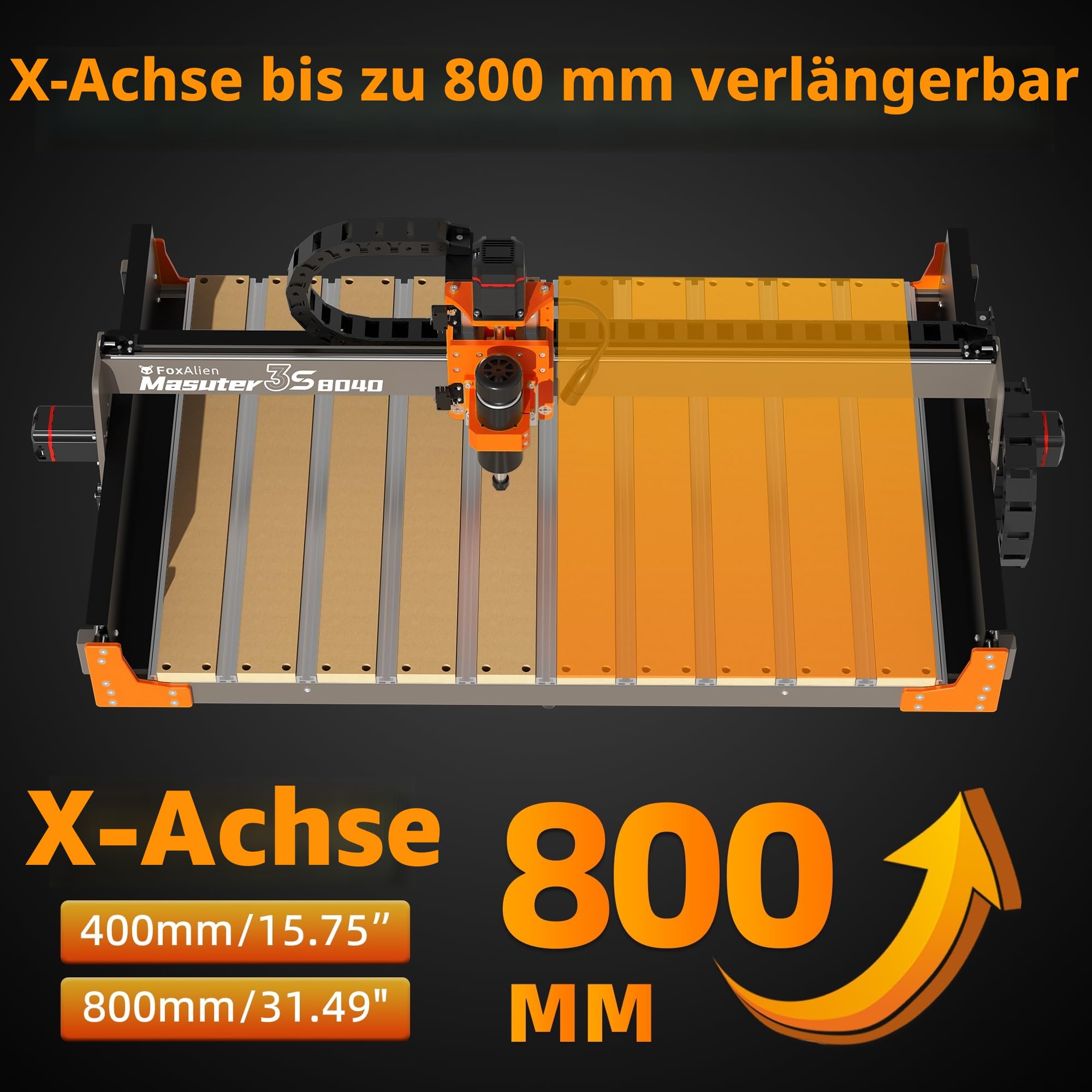FoxAlien 3S 8040 X-Achsen-Verlängerungs-Kit mit T-Nut-Hybrid-Spoilboard-Arbeitstisch für Masuter 3S CNC-Fräsmaschine, für große Gravur-Schnitzprojekte (verlängern Sie X-Achse auf 32 Zoll)