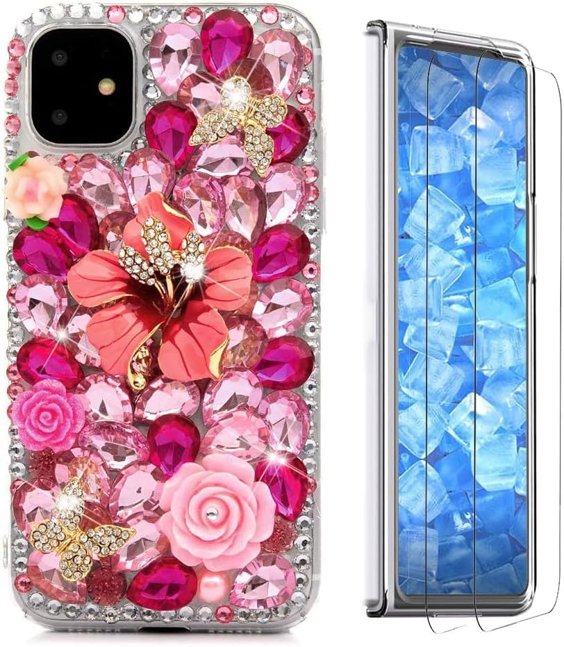 Glitter Phone Case Compatible with Samsung Galaxy Z Fold 3 5G - 3D Luxury Girls Women Shiny Design Handcrafted Cover with Screen Protector (2 Pack Front) - Purple Flower