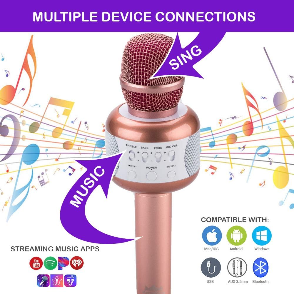 KaraoKing Wireless Bluetooth Microphone – Portable KTV Machine with Speaker + Free USB Disco Ball Light & Phone Holder Perfect for Pop, Rock n' Roll Solo Parties & More (E106 2.0 Pink)