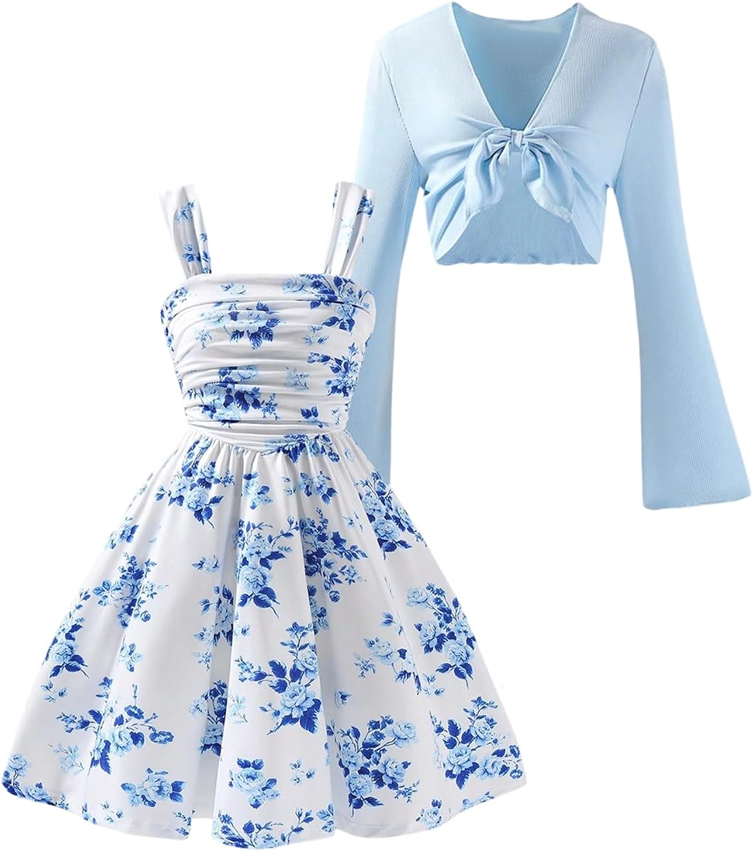 Verdusa Conjunto de 2 piezas para niña vestido con volantes florales y cárdigans ligeros | Fruncido, Nudo De Corbata, Trajes De 2 Piezas, Conjuntos A Juego, Lindos Vestidos De Verano