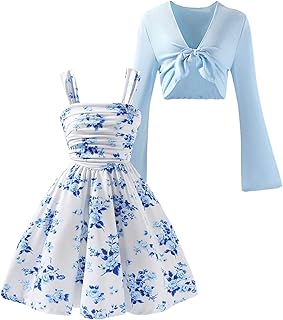 Verdusa Girl's 2 Piece Sets Floral Flower Ruffle Dress with Crop Cardigans | Ruched, Tie Knot, 2 Piece Outfits, Matching Sets, Cute Summer Dresses