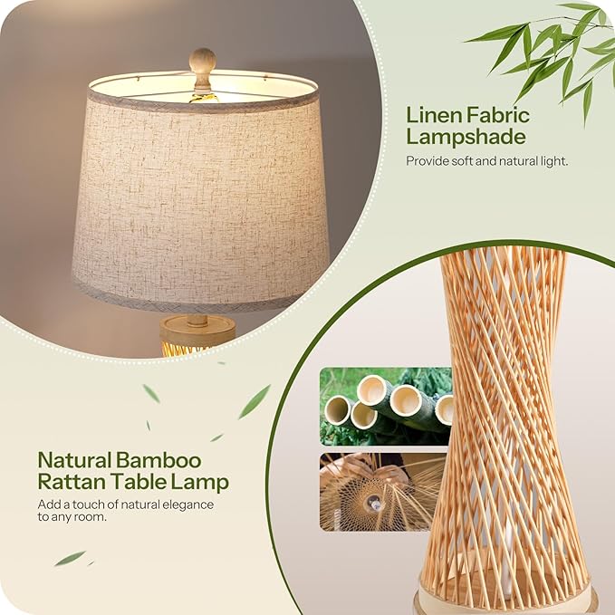 GOEBLESON 24.4” Farmhouse Rattan Table Lamp, Touch Bedside Lamp for Bedroom with 3-Way Dimmable Night Light, USB A+C Charging Ports, Bamboo Boho Nightstand Lamp with Beige Linen Shade (Bulbs Included) photo 2
