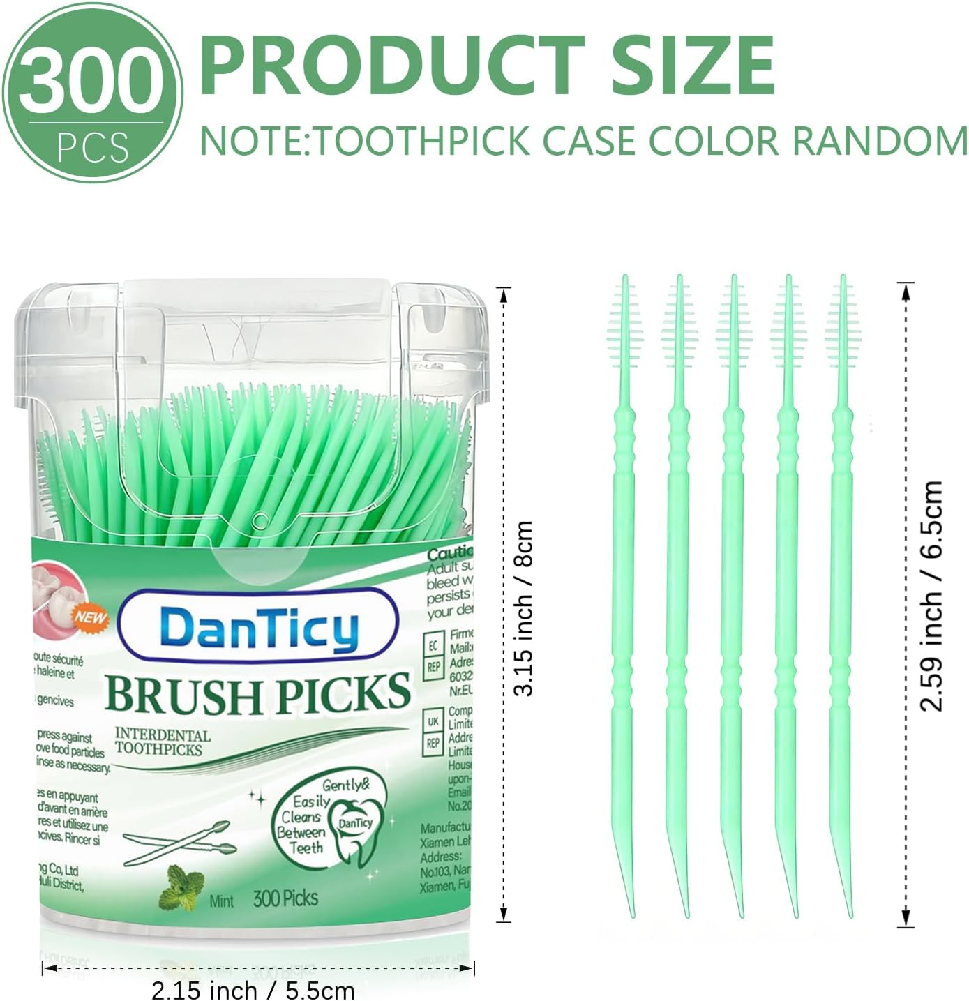 DanTicy Mint Flavored Toothpicks, Brushpicks Interdental Toothpicks, Soft Bristle Dental Floss Picks, Helps Removes Plaque and Debris Between Your Teeth, 300PCS, Pack of 1