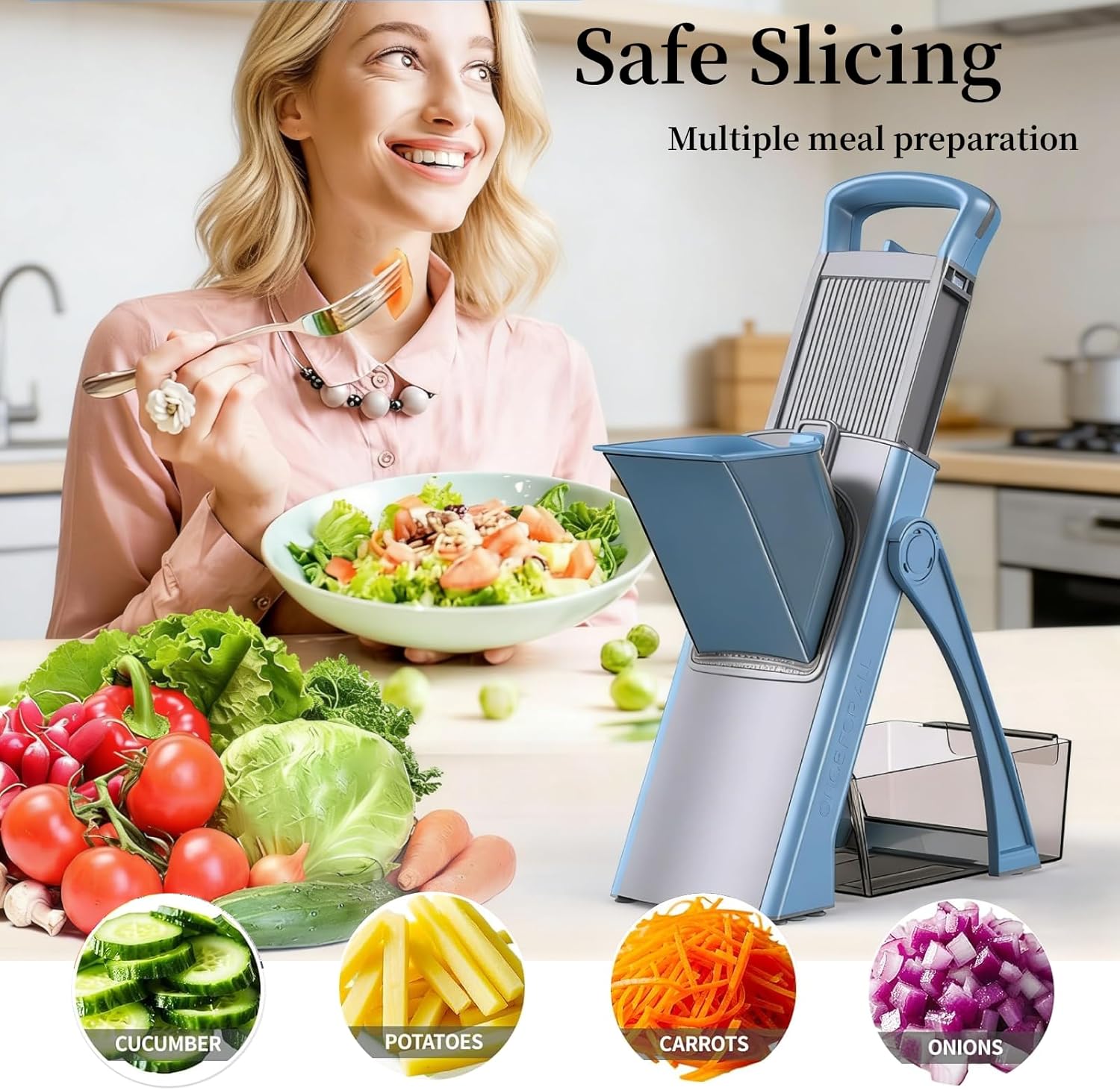 Upgraded Safe Mandoline Slicer Plus, Thickness Adjustable Vegetable Food Chopper, Potato Fries Cutter Veggie Salad Dicer Tomato Onion Versatile Mandoline Slicer for Kitchen (Blue)