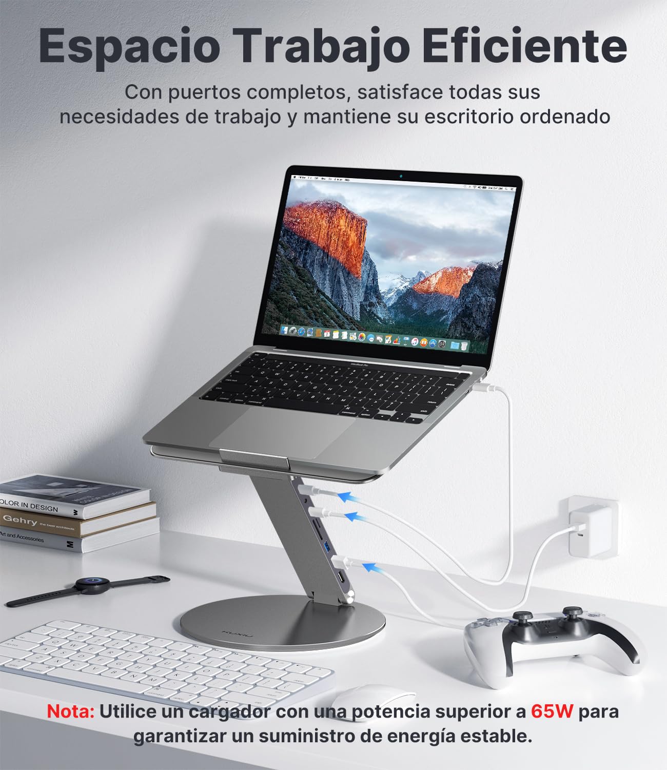 KU XIU Soporte Ajustable Portátil con Estación de Acoplamiento 8-en-1 | Soporte Aluminio con Hub USB, Base Giratoria de 360°, Doble Pantalla 4K USB3.0 PD100W Para todos los portátiles de 10-17''
