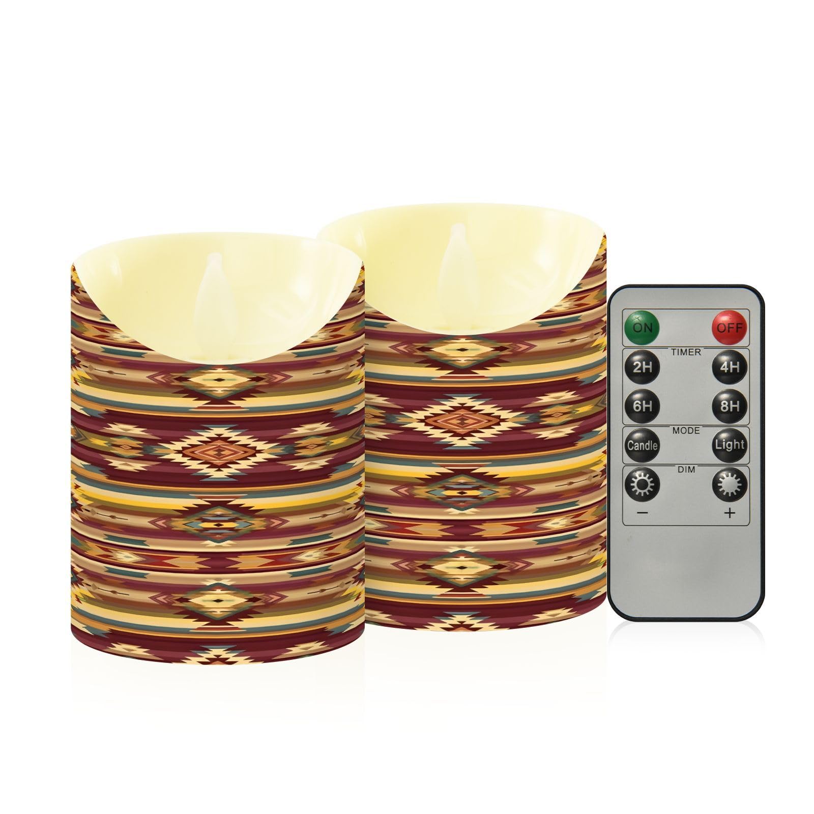 Cgiub Aztec Flameless Candles with Timer 2pcs Battery Operated Flickering Flameless LED Pillar Candles for Holiday Home Wedding Fireplace Decor