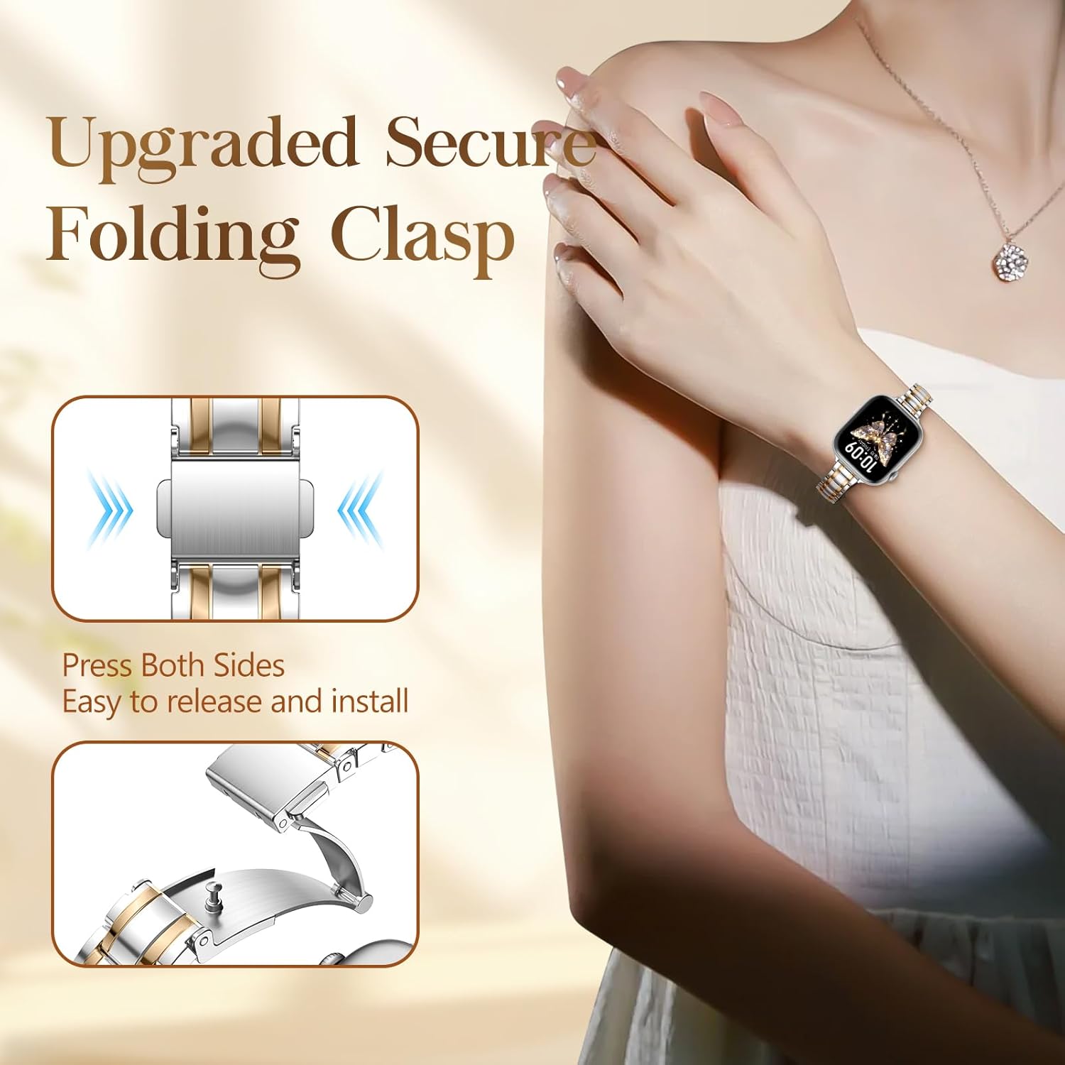 SOLOLUP Slim Metal Band Compatible With Apple Watch Bands for Women 44mm 45mm 46mm 49mm 42mm,Thin Dressy Stainless Steel Chain Strap for iWatch Series 11 10 9 8 7 6 5 4 3 SE Ultra3/2,Silver-RoseGold