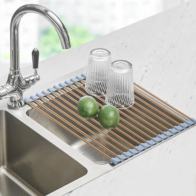 Seropy Roll Up Dish Drying Rack Over The Sink Drying Rack for Kitchen Counter, Rolling Dish Rack Over Sink Mat, Foldable Dish Drainer Stainless Steel Rack Kitchen Organization Gold 17.5"x11.8"