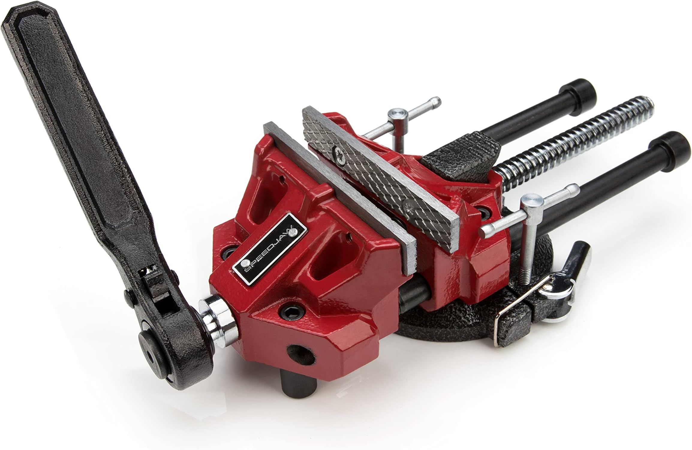 SPEEDJAW 4-Inch Low-Profile Bench Vise, Ratcheting Handle, Detachable Posi-clock Base Mount, Durable Steel Jaws
