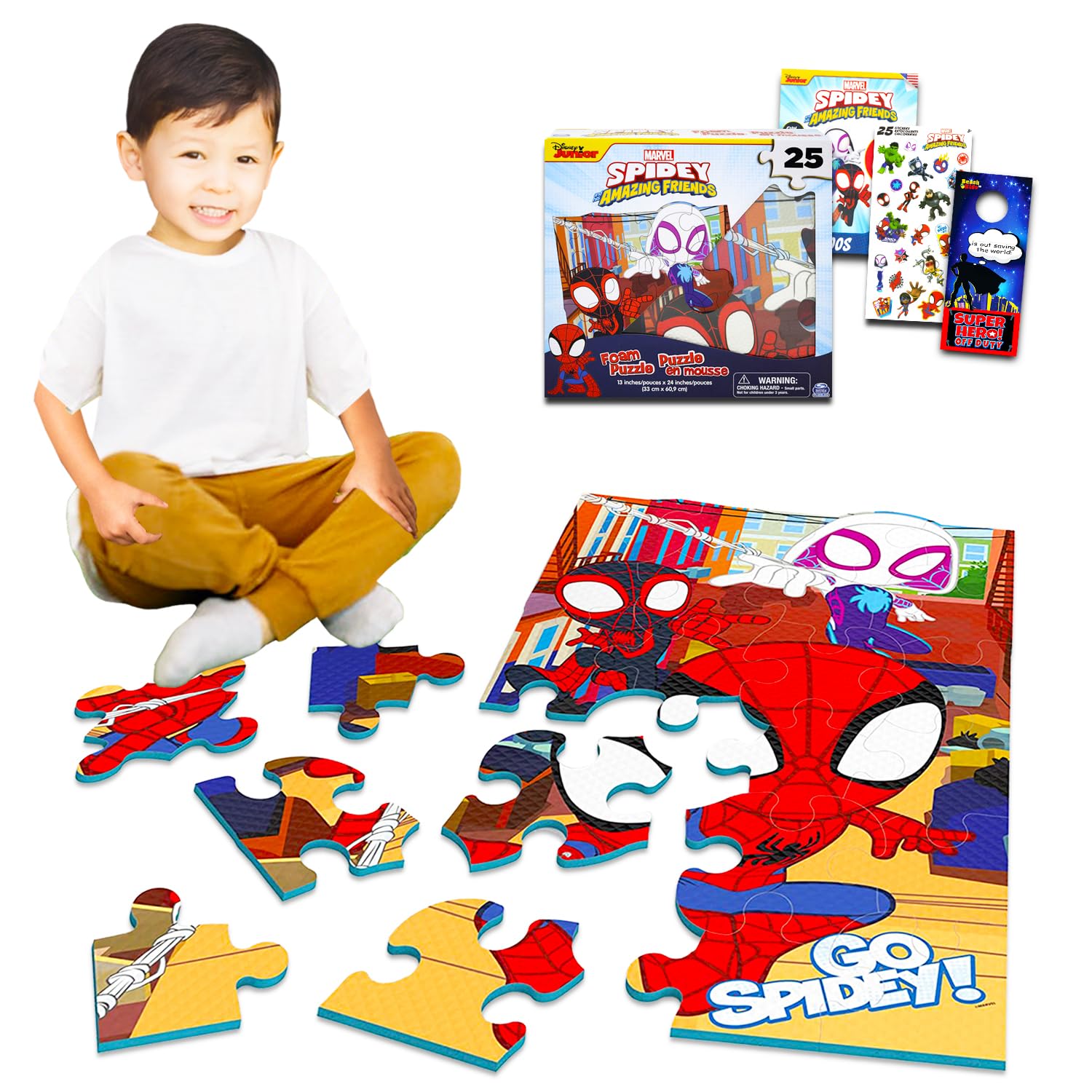 Spidey and His Amazing Friends Floor Puzzle Set - Bundle with 25 Piece Spiderman Foam Puzzle Plus Stickers, Tattoos, More | Spidey and Friends Jigsaw Puzzle for Kids