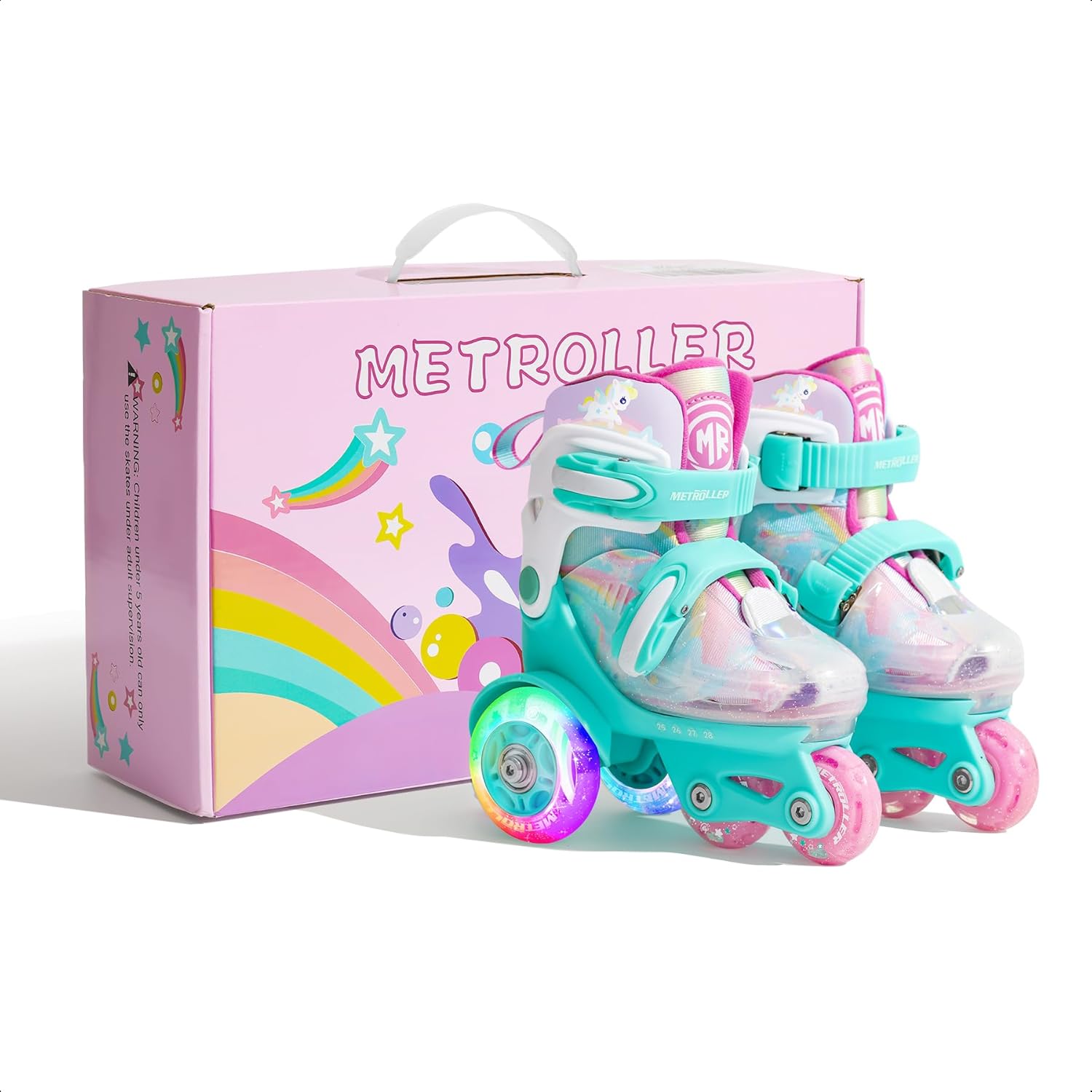 METROLLER Adjustable Kids Balance Roller Skates for Toddler Ages 3-6 Rainbow Unicorn Dinosaurs Illuminating Rollerskates for Girls Boys Ages 5-8 Three-Point Type Suitable for Beginners - Image 6