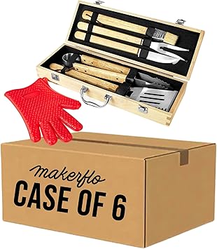 MakerFlo 11 Pc BBQ Grill Accessories Set with Rubber Wood Toolbox, Stainless Steel BBQ Utensils, Grill Tools for Camping & Outdoor Cooking, for Dad, Laser Engraving Blanks, Case of 6