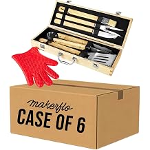 MakerFlo BBQ Grill Tool Set with Wooden Case, 11-Piece, Case of 6 | Premium Wood Case, Heavy-Duty 304 Steel, Rust-Free, Gift Box Included, Wholesale Pricing, Made for Laser Engraving