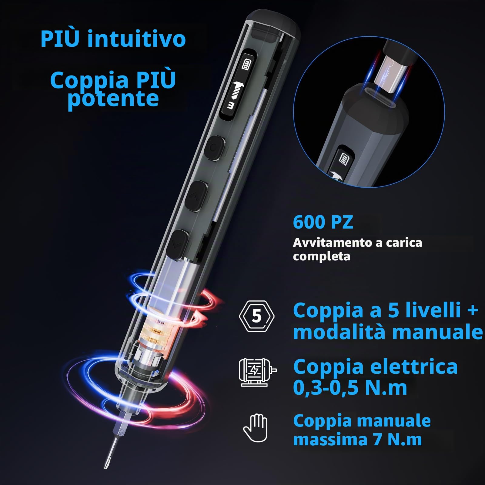 STREBITO Set di cacciaviti elettrico mini, 70 in 1 Piccolo cacciavite elettrico - 64 bit di precisione S2, 5 impostazioni di coppia, 4 luci LED, mini kit di strumenti di riparazione con cacciavite