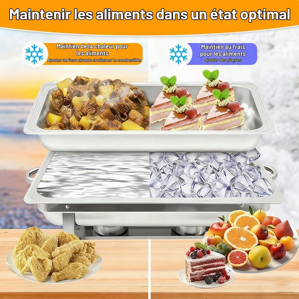 Chafing Dish,Chauffe Plat,Chauffe Plat Buffet en Acier Inoxydable,pour Fêtes,Mariage,Banquets,Buffet Libre,Restauration,Buffet Chauffant avec 2/3 Bacs Pleine Taille (3 compartiments, 55X35.5X26cm)