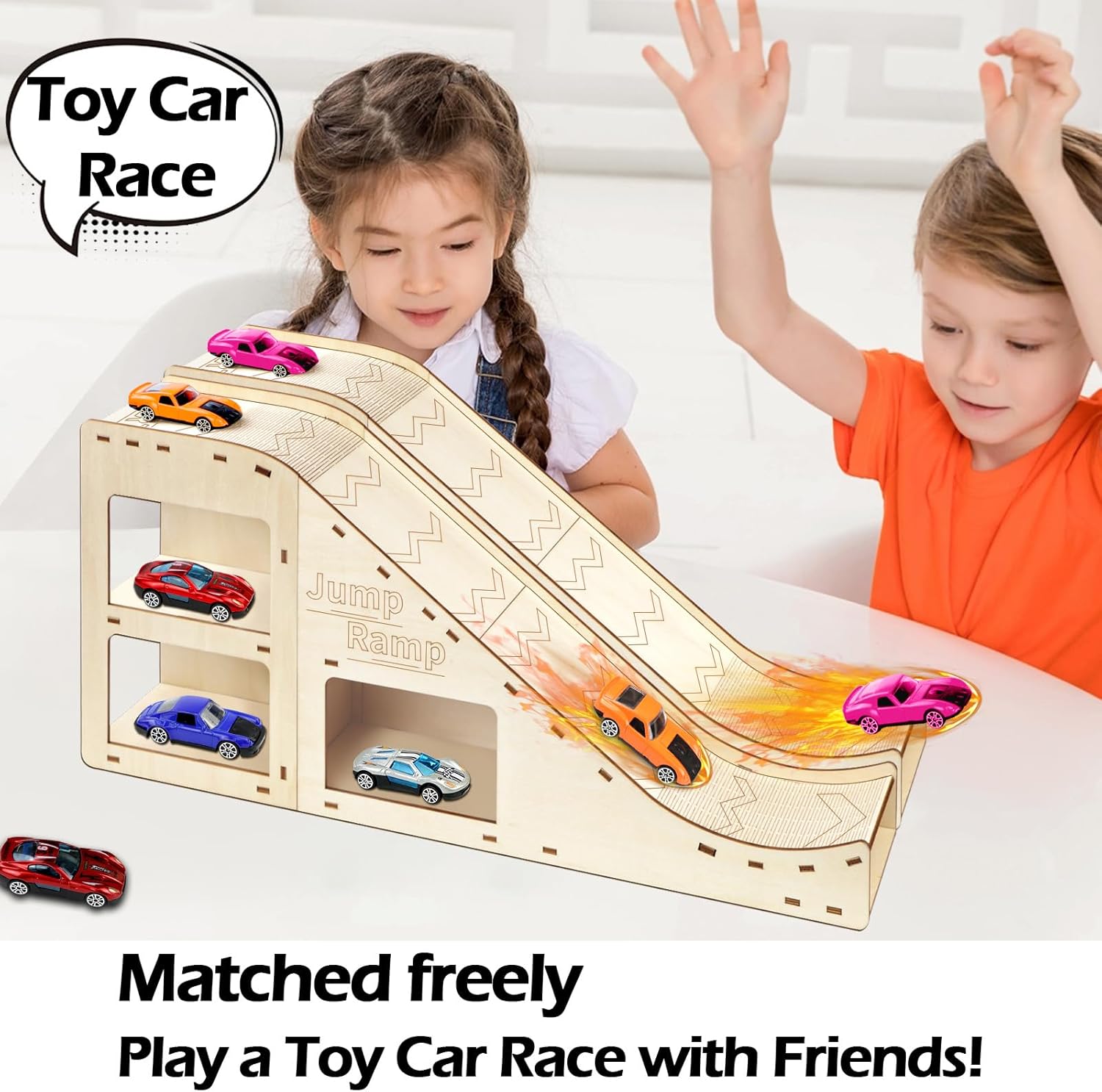 Wooden Toy Cars Jump Ramp, Toy Car Track Set for Hot Wheels, Race Cars Track for Hot Wheels and Diecast Cars, Wood Jump Ramp for Hotwheels, Playing Storage Display Race Set