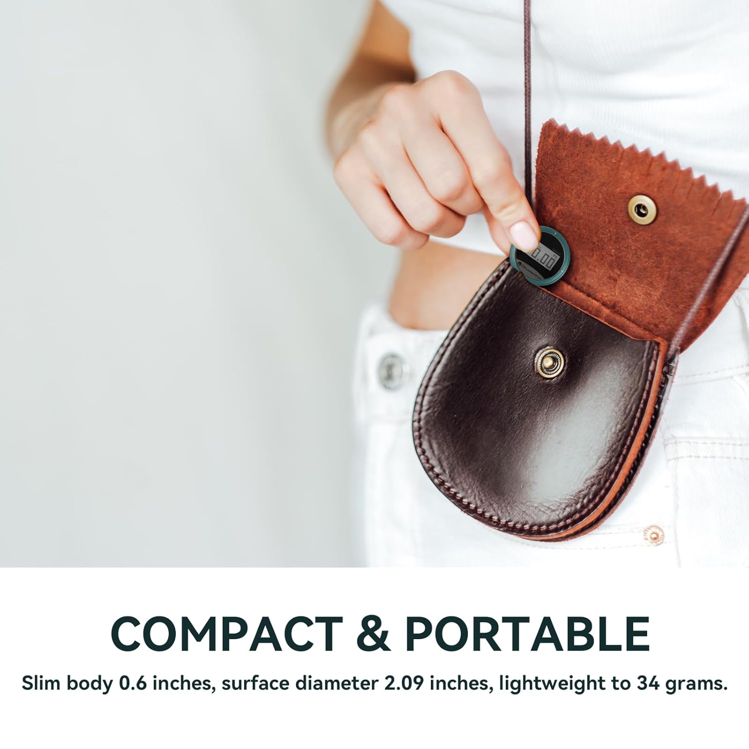 Four images demonstrating various measurement applications: diameter measurement on a bottle, flexible thin object measurement on fabric, and general usage on flat and curved surfaces.