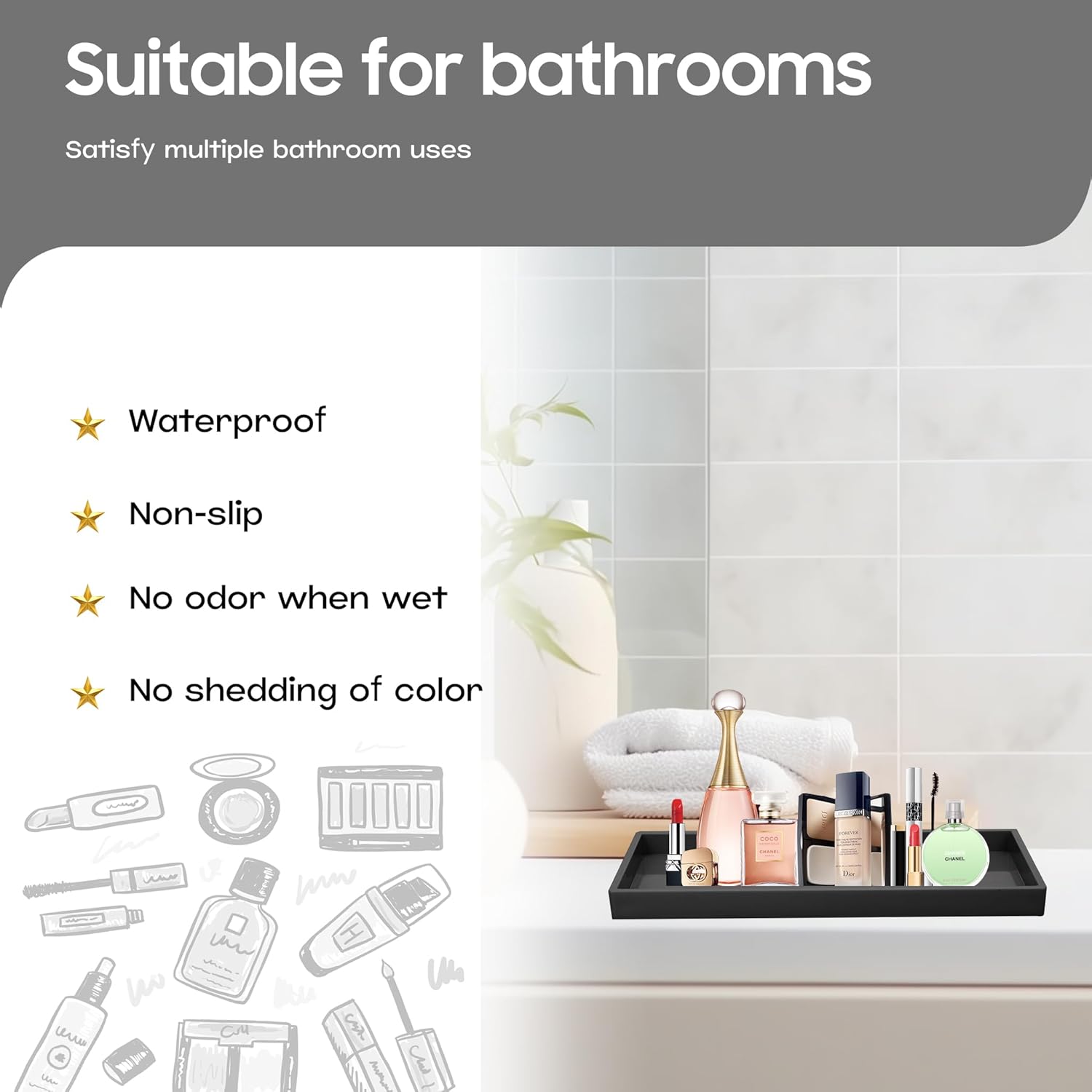 Vanity and Bathroom Tray, 15" ABS Countertop Organizer,Waterproof Vanity Tray for Toilet Tank,Perfume,Soap,Keys,Bathroom Accessories,Kitchen and Bath Trays,Non Slip Small Trays,Black - Image 2