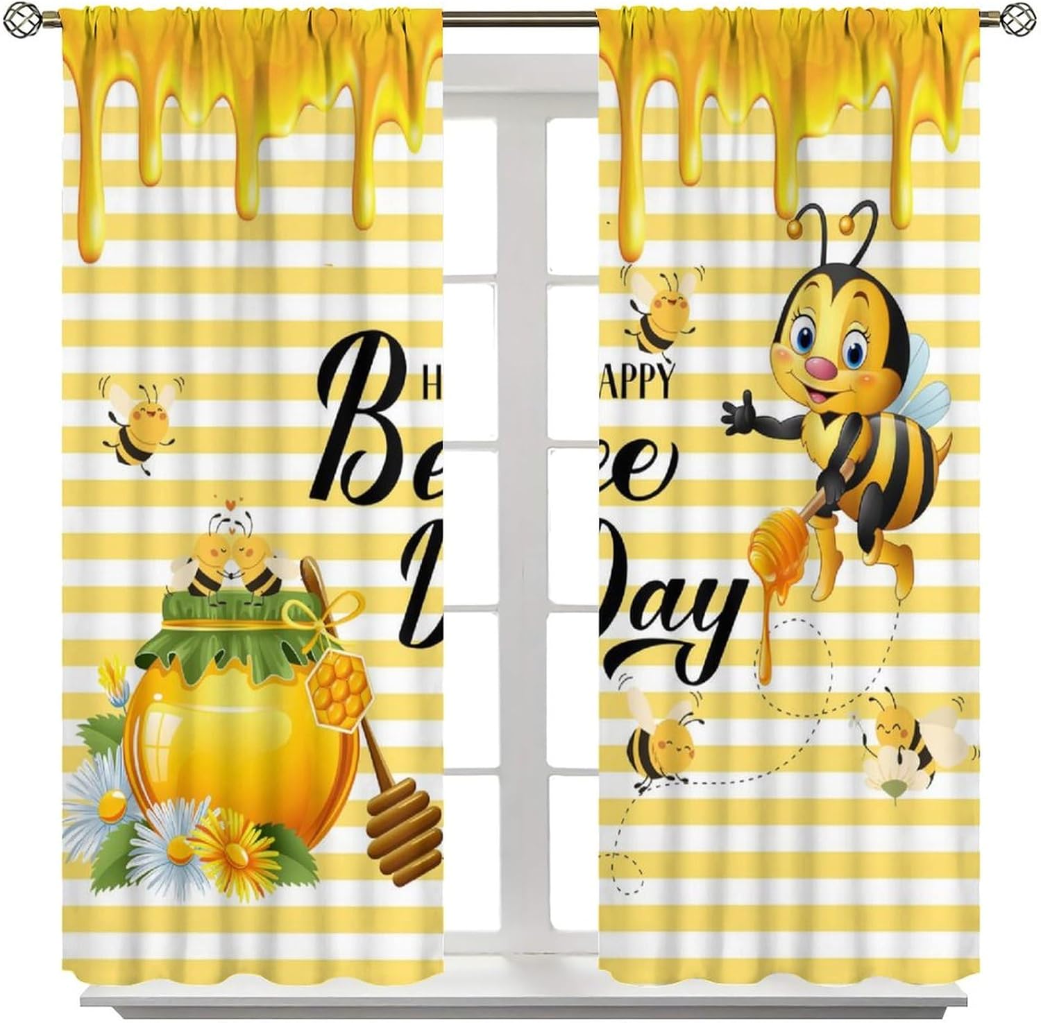 Cute Bee Curtains, Rustic Yellow Honey Bee Honeycomb Farmhouse Country Blackout Window Treatments, Rod Pocket Thermal Insulated Drapes 2 Panel Sets for Bedroom Living Room Kitchen, 42"W X 45"L