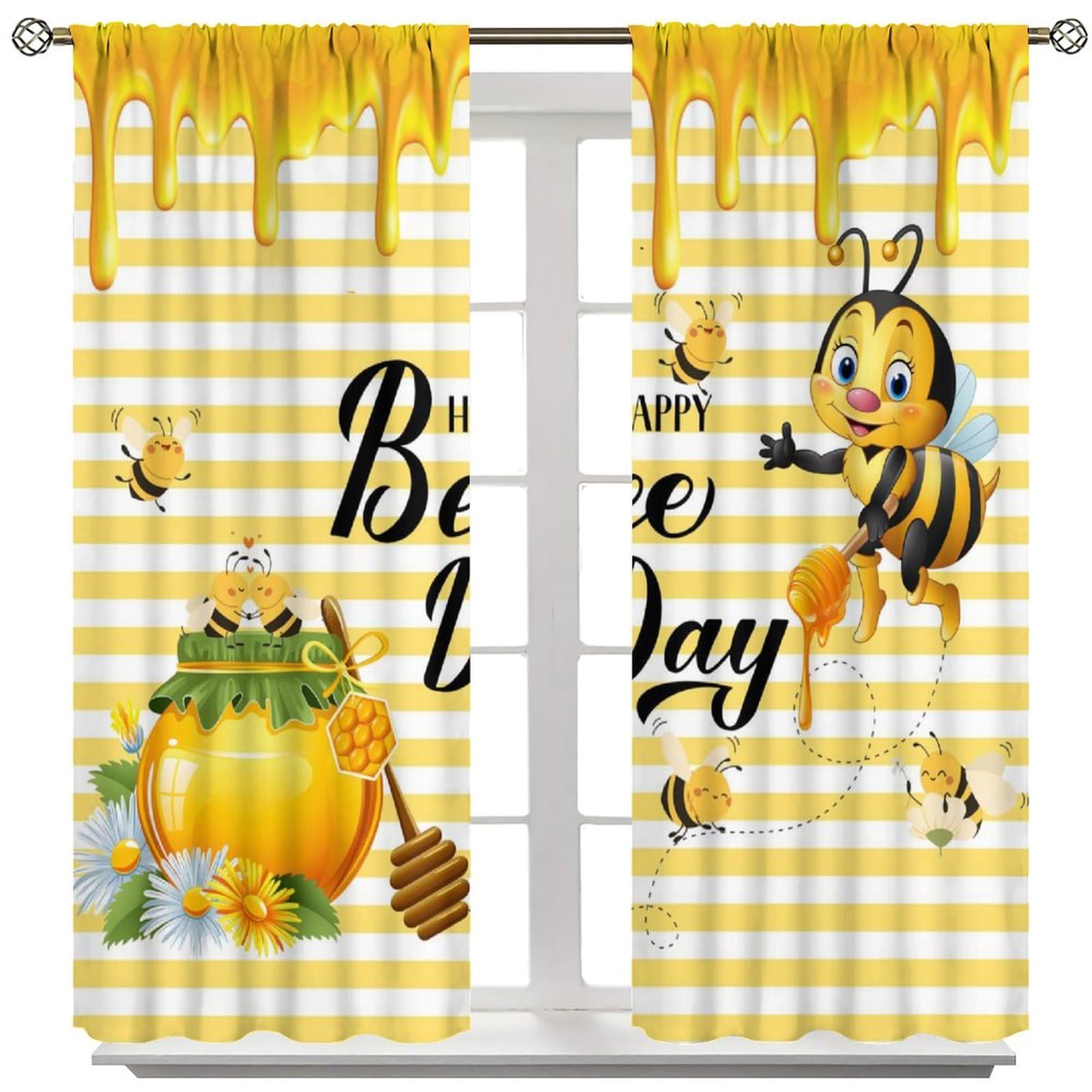 Cute Bee Curtains, Rustic Yellow Honey Bee Honeycomb Farmhouse Country Blackout Window Treatments, Rod Pocket Thermal Insulated Drapes 2 Panel Sets for Bedroom Living Room Kitchen, 42