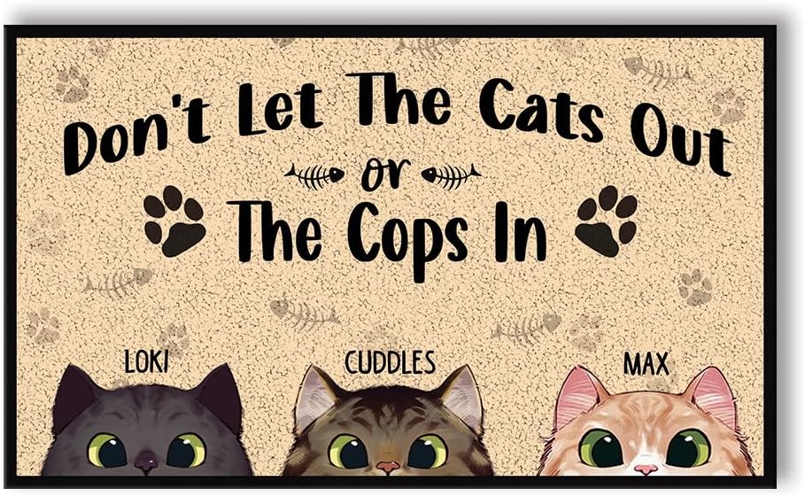 Personalized Funny Cat Doormat, Cats Welcome Mat for Outdoor, Please Don't Let The Cats Out Or The Cops in, Funny Entrance Gift Front Door Rug