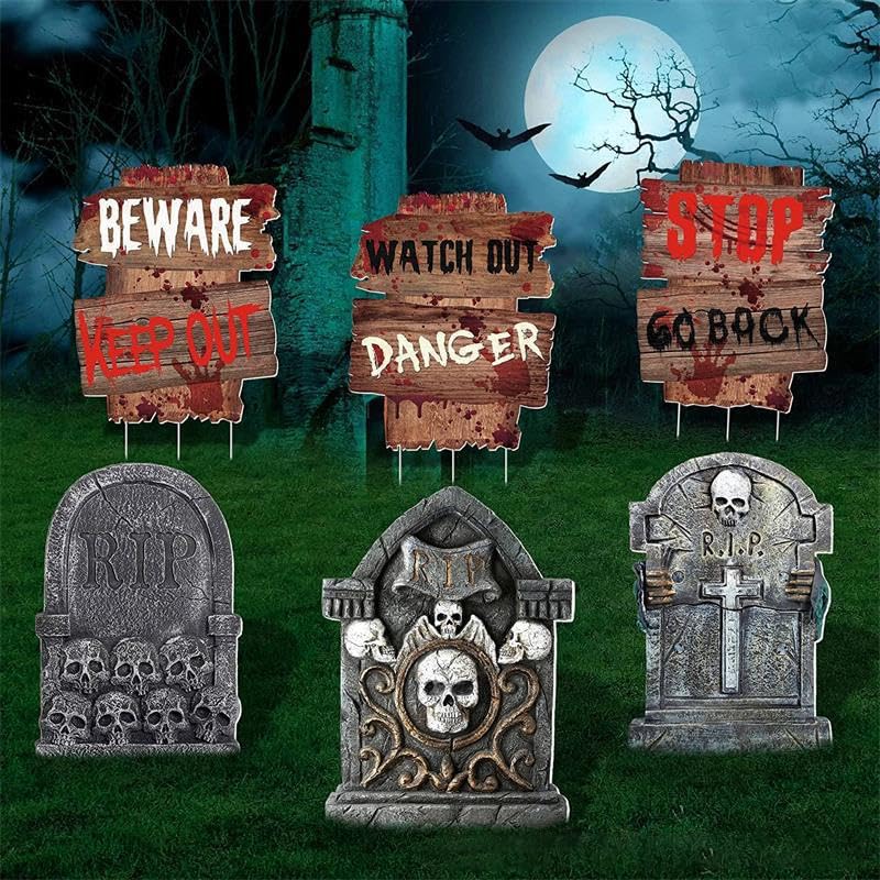 6 piezas Decoraciones de Halloween para Exteriores,Letreros de Señal de Advertencia para Halloween,Halloween lápida señal de patio para patio, jardín, al...