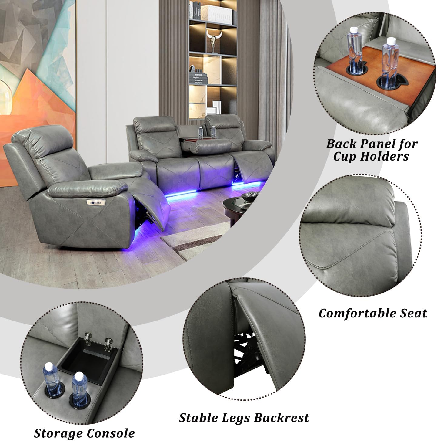 Power Recliner Sofa with LED Lights Leather Sofa for Living Room with USB Port/Storage Console/Cup Holders(Grey)