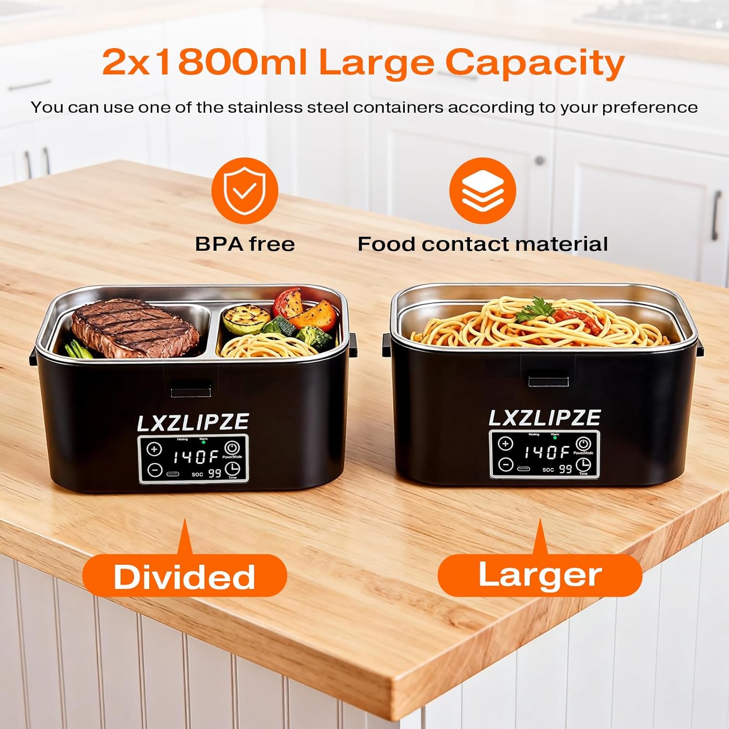 Cordless Electric Lunch Box for Adults, 2x1.8L Container Self-Heating lunch box with Timer, 16000mAh Battery-Powered Portable Food Warmer Perfect for Office, Work, Travel, and Car Use