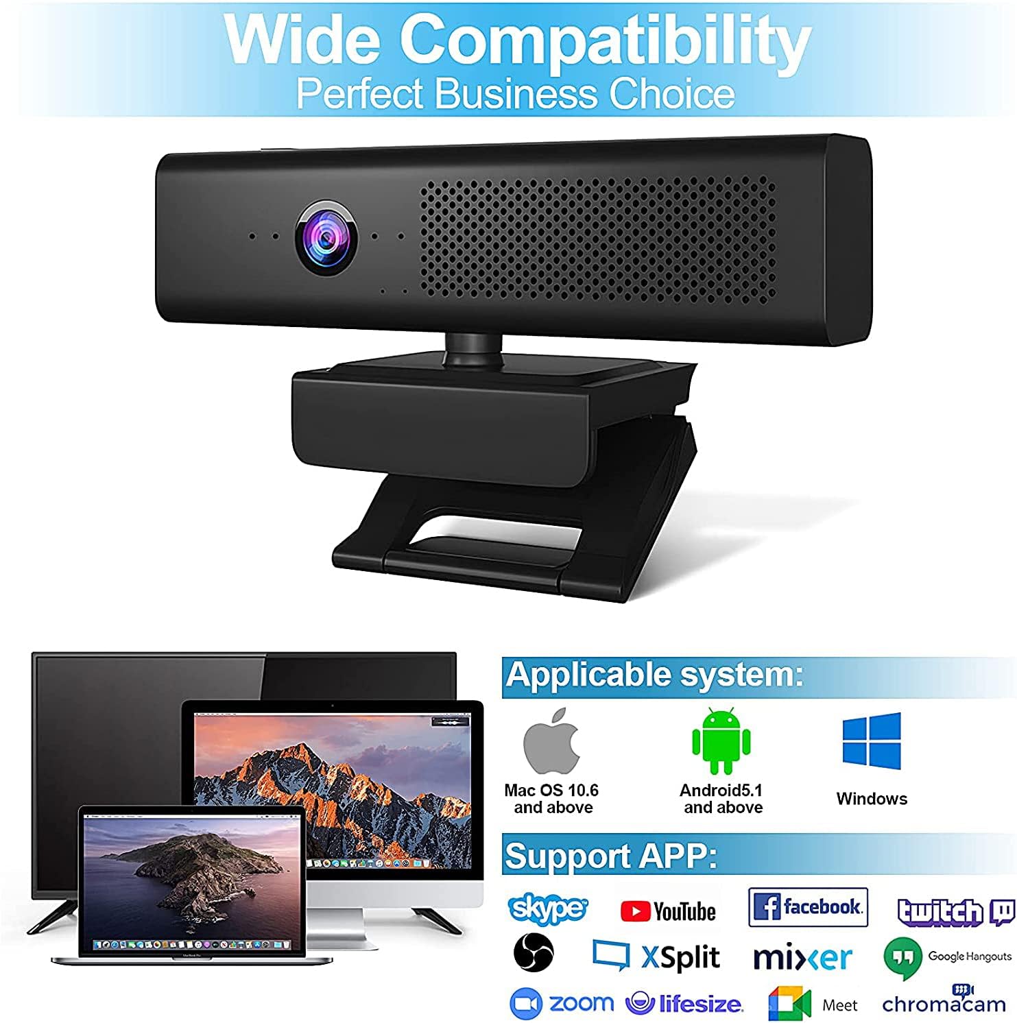 1080P Wide Angle Webcam, 2021 Conference Camera with 4 Microphones, Privacy Cover, Advanced Auto-Focus, Streaming Web Camera for Zoom Skype Facetime, Compatible for Mac OS Windows 10/8/7