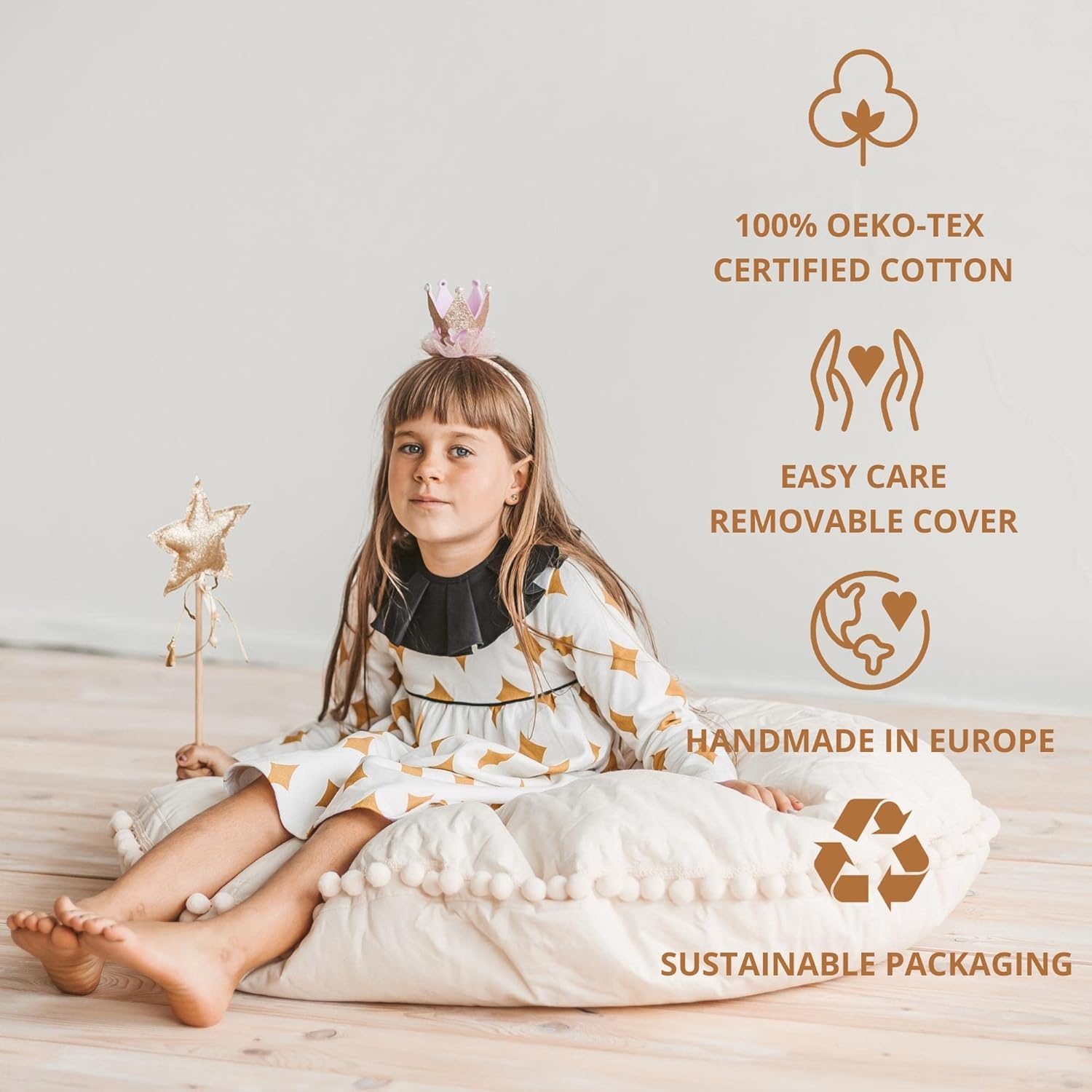 MINICAMP Large Kids Floor Cushion – Ultra Fluffy Washable Bean Bag Chair & Reading Pillow with Boucle Sherpa Cover – Soft Kids Lounger Floor Seat for Playroom, Bedroom or Nursery - Made in EU