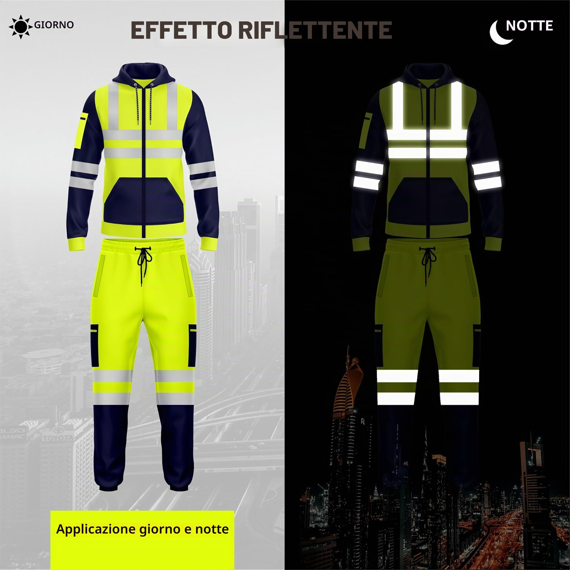 Tuta da uomo ad alta visibilità, con cerniera ad alta visibilità, per la sicurezza, con risvolto, con cappuccio, taglie S-XXL