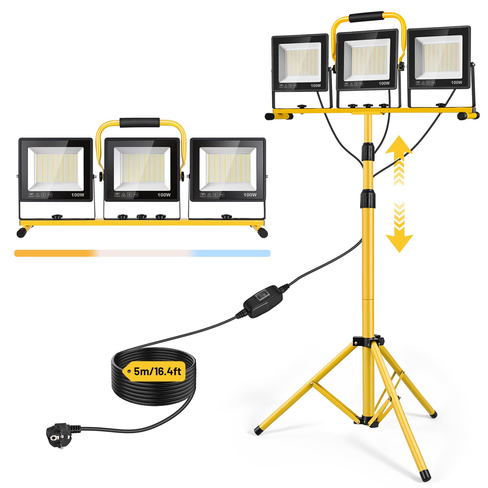 Yofuly 3x 100W Foco LED de Trabajo, 3 Modos de Temperatura de Color, Foco de Construcción 23.000 LM con Trípode Telescópico Ajustable, Foco para Obras IP66 Impermeable, Cable de 5M para Exteriores