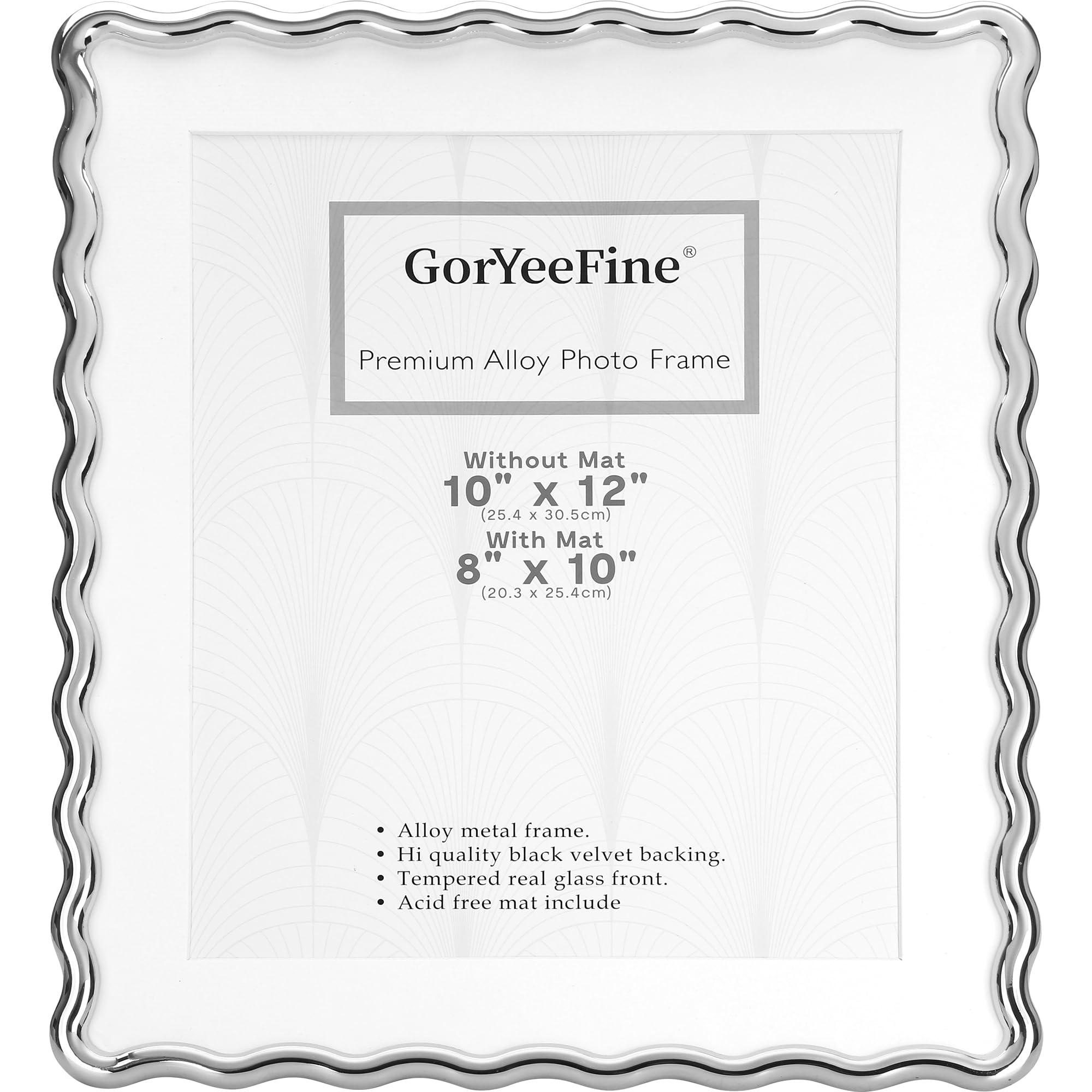 Silver 10x12'' Heavy-Duty Zinc Alloy Picture Frames with Acid Free Mat for 8x10'',Wave Design Silver Picture Frame with Black Premium Velvet Backing,for Desktop and Wall Hanging.