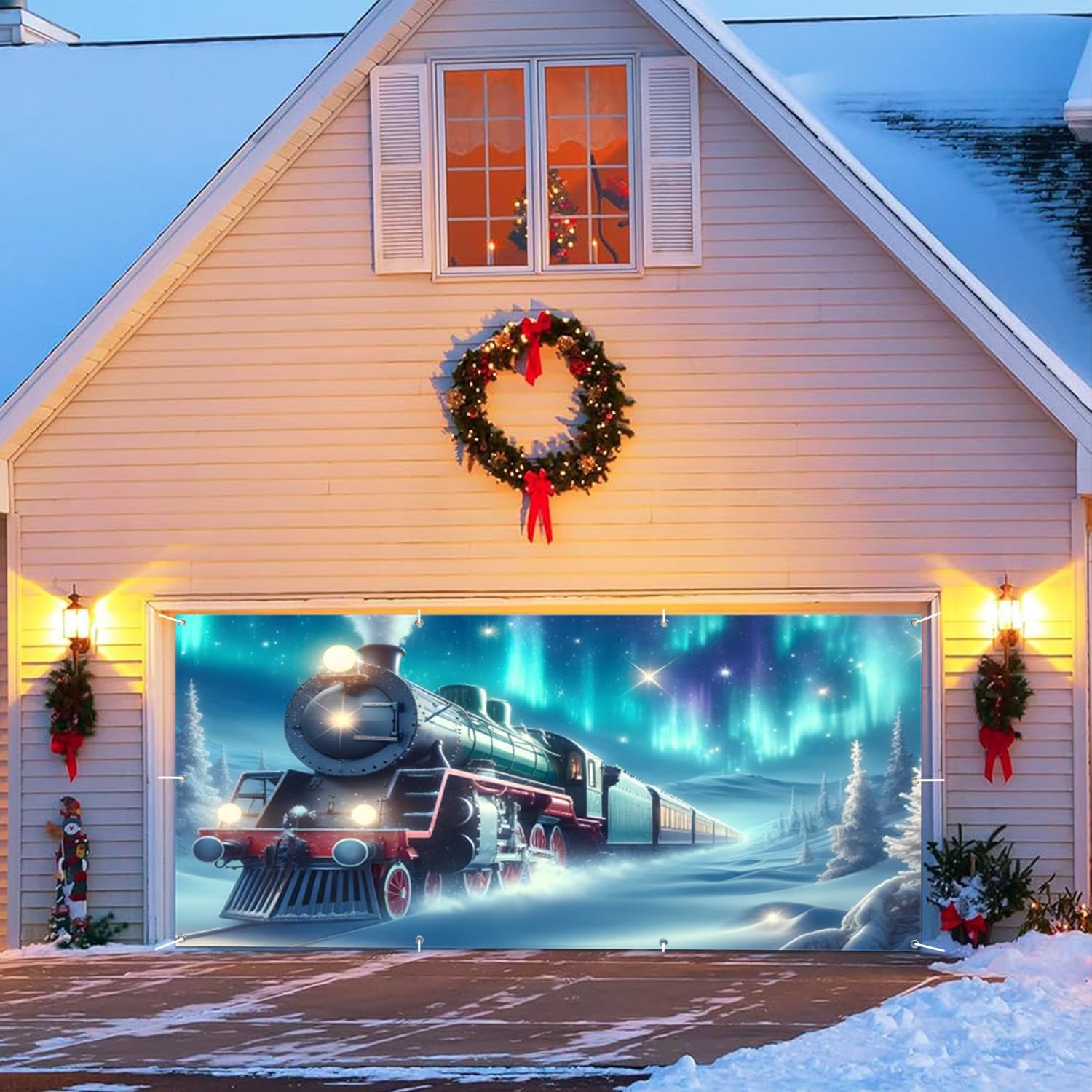 Winter Train Garage Door Cover 7x16ft Fabric Christmas Garage Door Banner for Party Decoration,Kids Christmas Birthday Backdrop Merry Xmas Festival Celebration