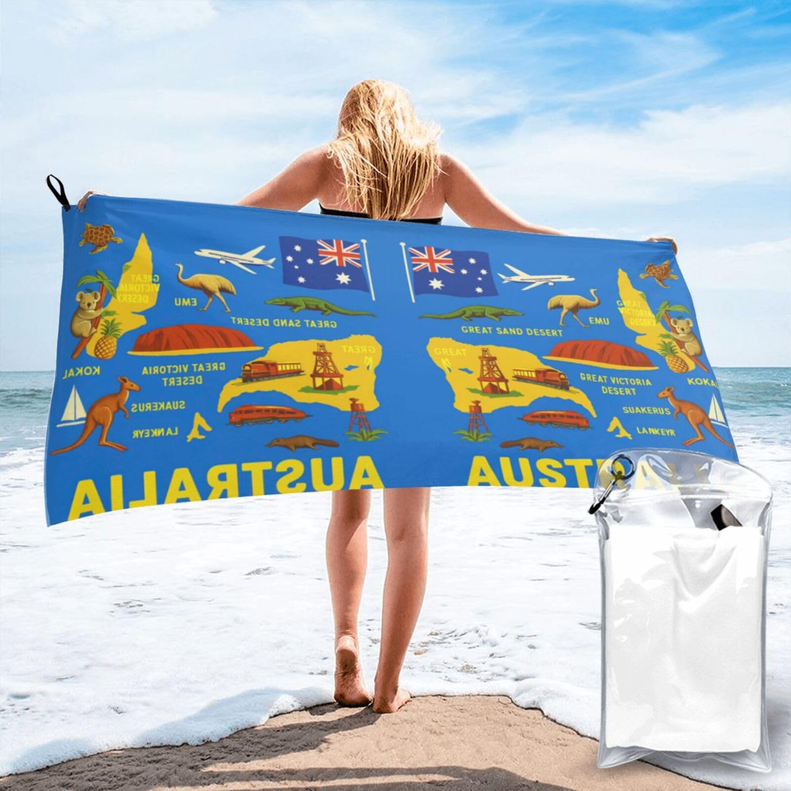 HLBSDM Australia Map Icons Print Beach Towel Quick Dry Portable for Swimming Yoga Travel Campers