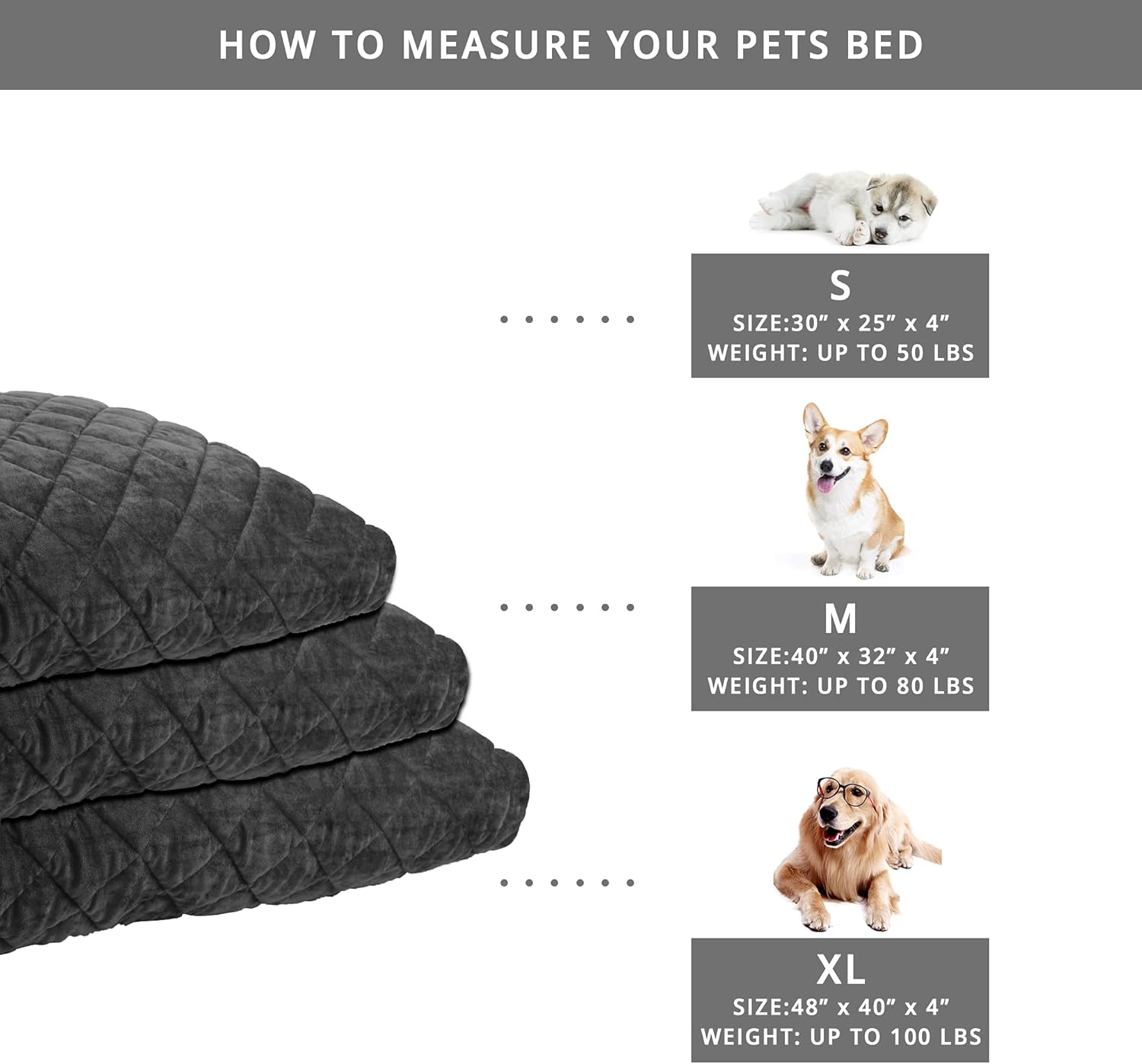 Washable Orthopedic Dog Bed - Plush Quilted Pet Bed with Removable Cover for Medium/Large Sized Dogs, Joint Pain Relief, Made in USA (Dark Gray, 40x32x4 Inch)