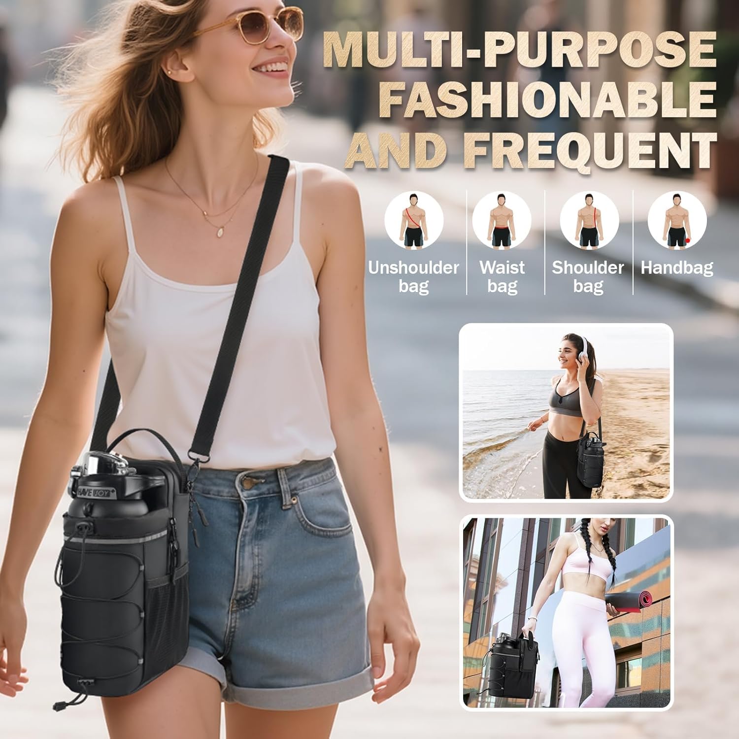 Magnetic Gym Bags with Water Bottle Holder, 4KG Non-Slip Strong Magnetic Gym Water Bottle Bag, Crossbody Sling Pouch Bottle Carrier for Men Women Workout, Walking, Hiking, Travel & Fitness